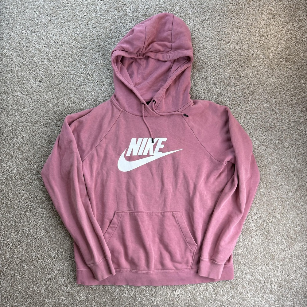Nike Hoodie Womens Medium Pink Fleece Pullover Swoosh Graphic Logo Sweatshirt